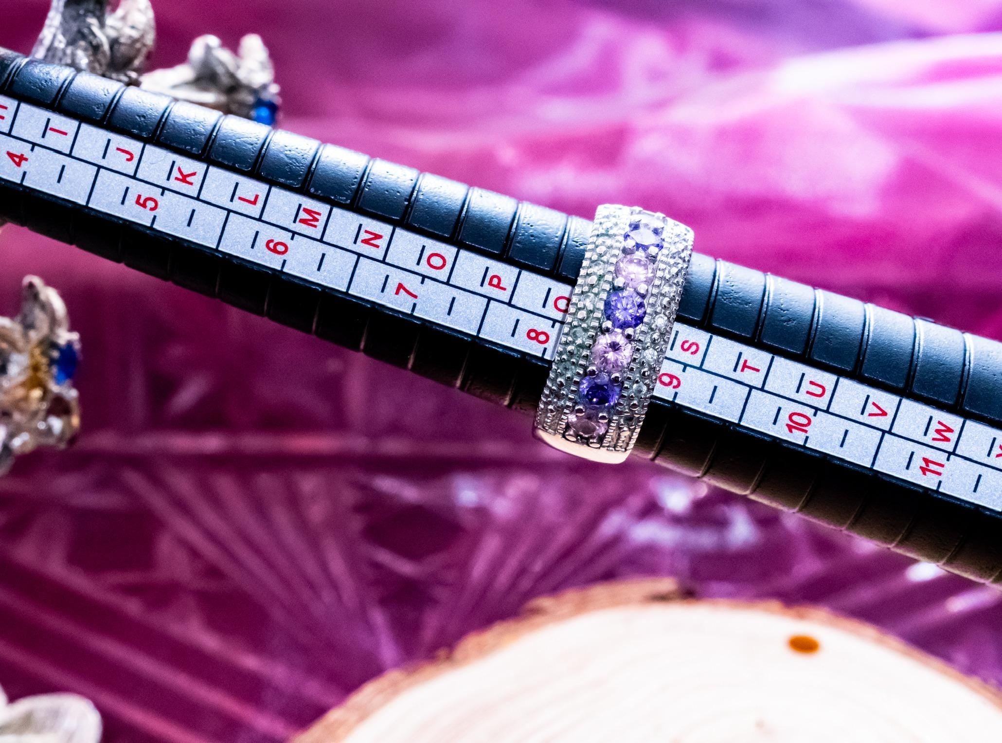Vintage 925 Sterling Silver Pink & Purple Sapphire Band Ring. Wide Art Deco Statement Ring.
