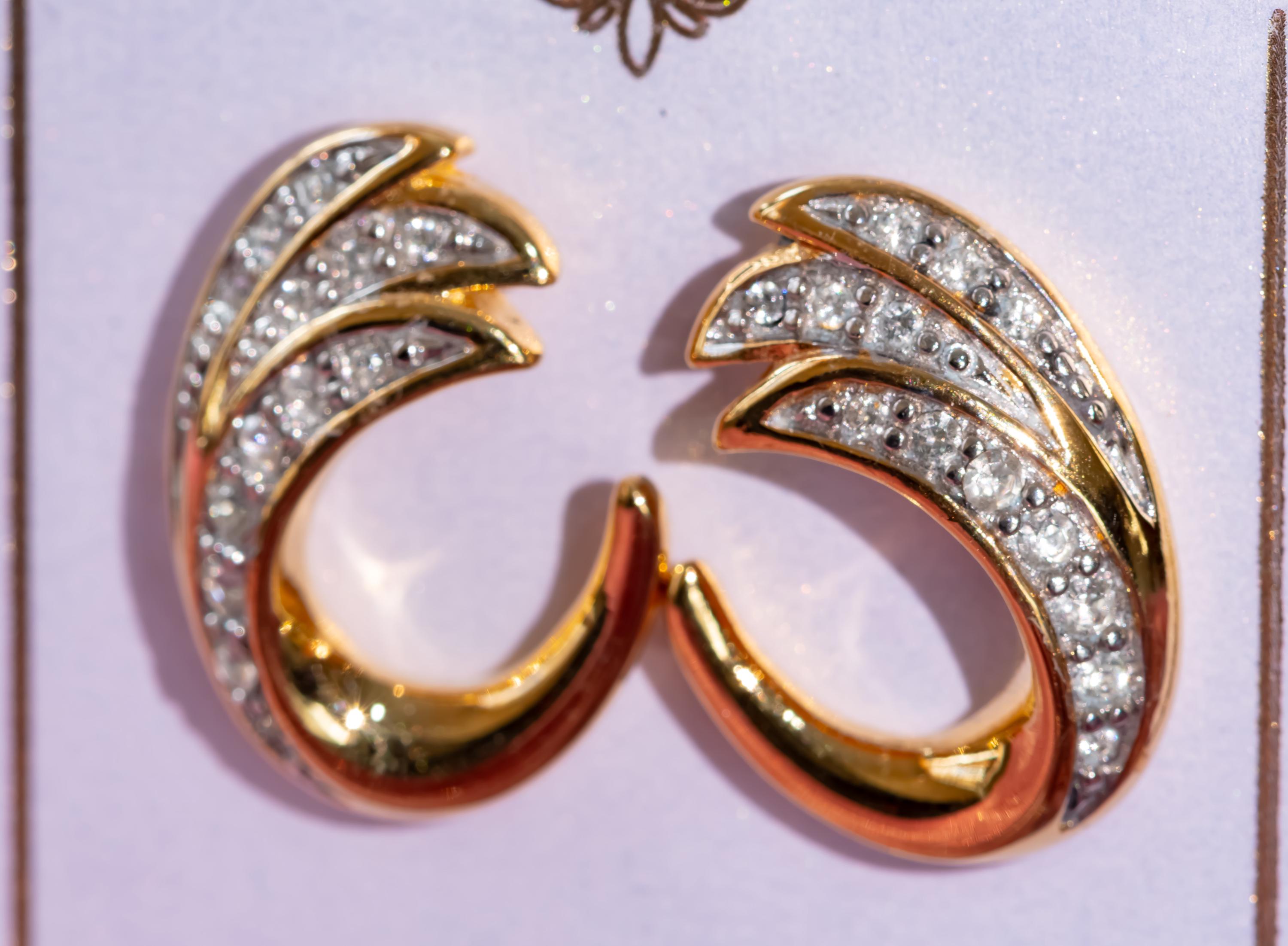 Vintage Trifari Gold Tone Rhinestone Swirl Earrings, Signed Designer Costume Jewelry