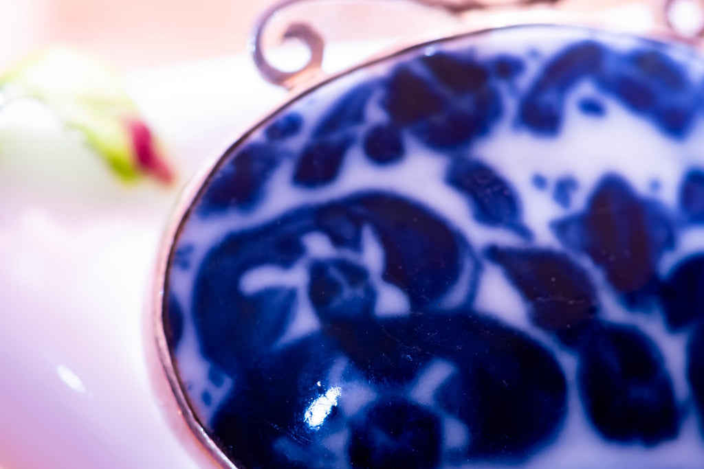 Sterling Silver Chinese Porcelain Shard Necklace, Blue White Oval Pendant, Hallmarked 925 Statement Relic