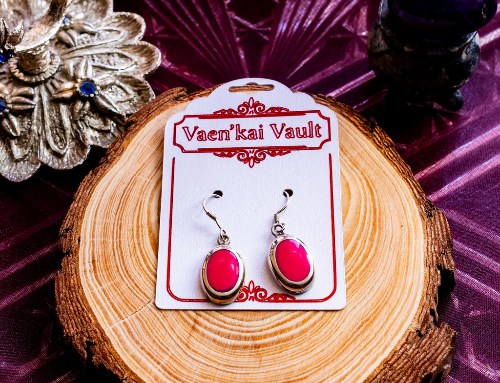 Sterling Silver Pink Onyx Drop Earrings. Oval 925 Silver Wire Dangles & Porcelain Pot.