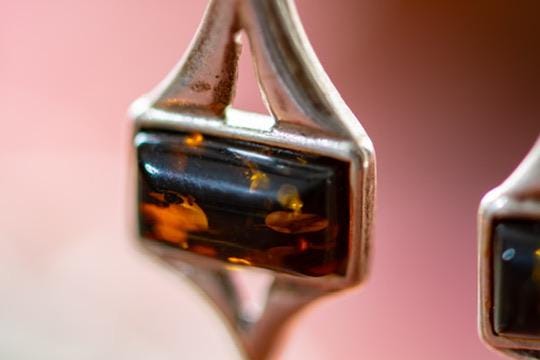 Cognac Baltic Amber Geometric Sterling Silver Drop Earrings, Art Deco Dangles.