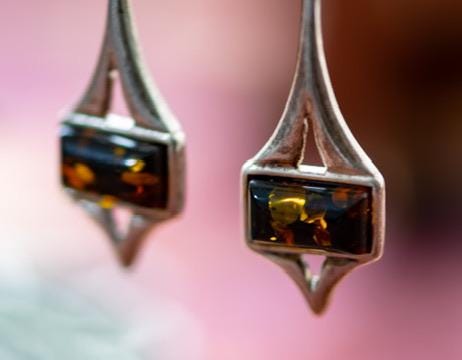 Cognac Baltic Amber Geometric Sterling Silver Drop Earrings, Art Deco Dangles.