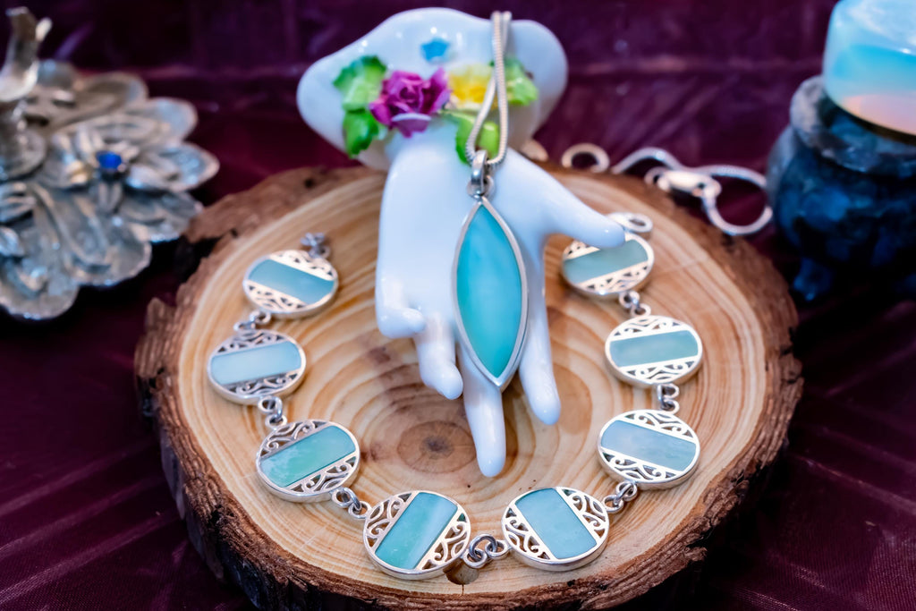 Sterling Silver Larimar Necklace Bracelet Set, Italian Ocean Blue Coastal Jewelry