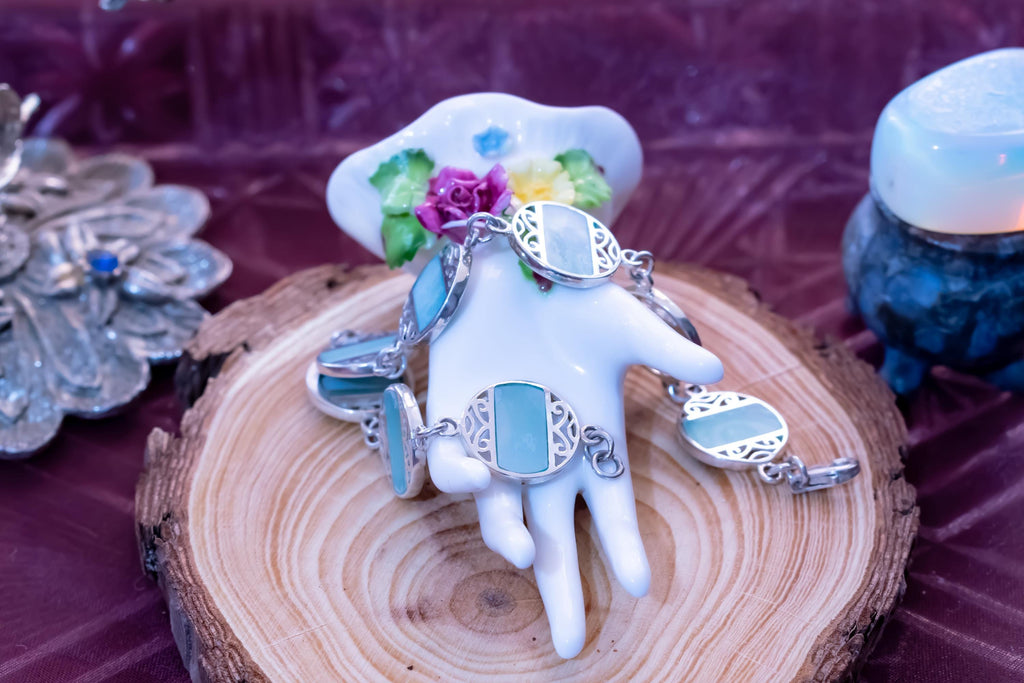 Sterling Silver Larimar Necklace Bracelet Set, Italian Ocean Blue Coastal Jewelry