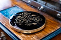 Stratton Estée Lauder Black Floral Powder Compact, Made in England (Original Box)