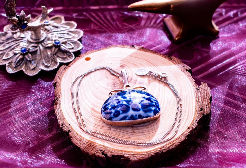 Sterling Silver Chinese Porcelain Shard Necklace, Blue White Oval Pendant, Hallmarked 925 Statement Relic