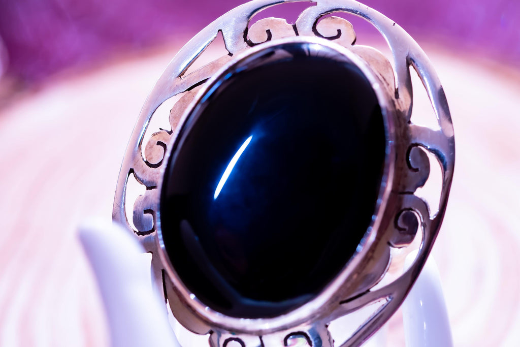 Large Sterling Silver Black Onyx Oval Statement Ring, Gothic Openwork Scroll Frame