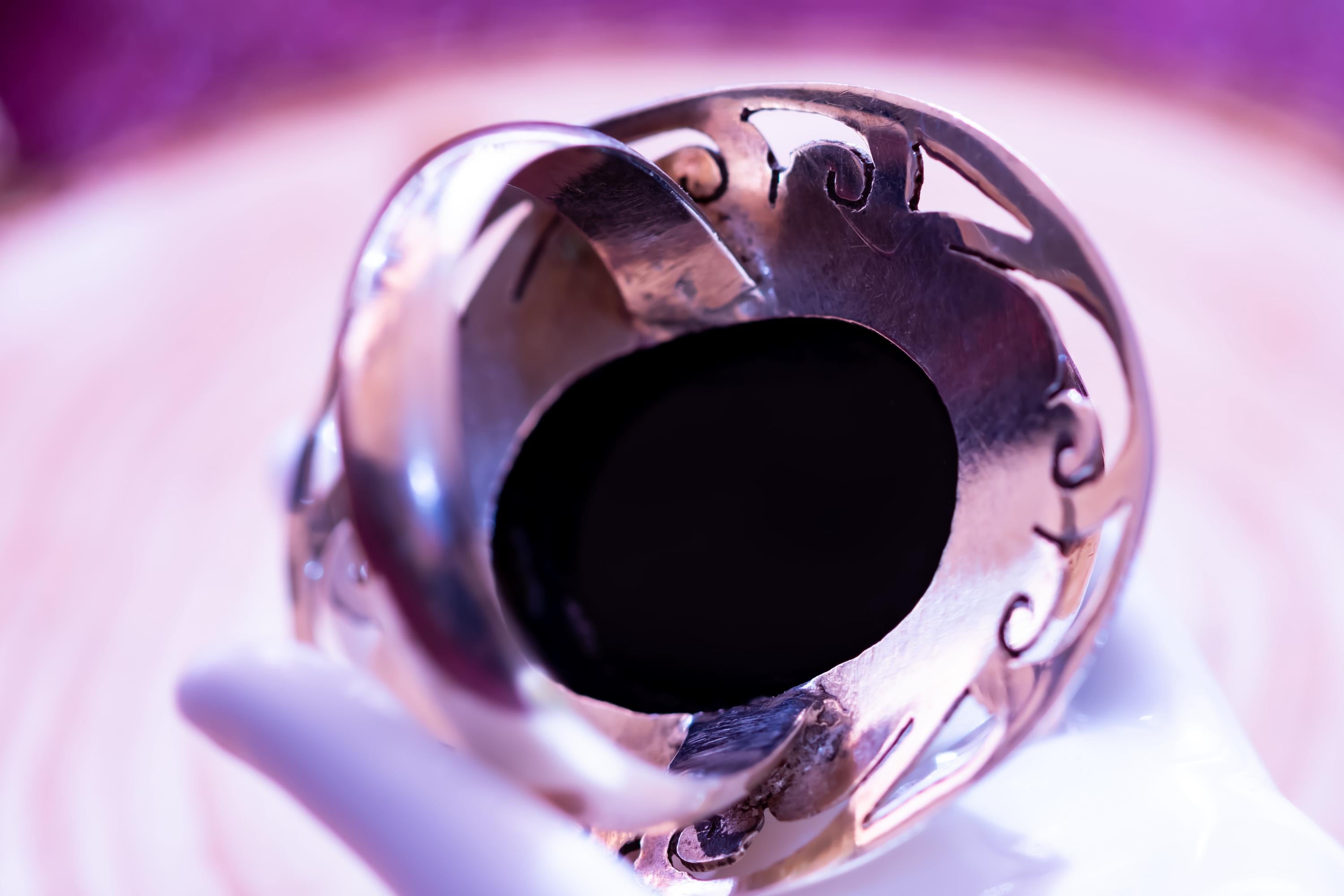 Large Sterling Silver Black Onyx Oval Statement Ring, Gothic Openwork Scroll Frame