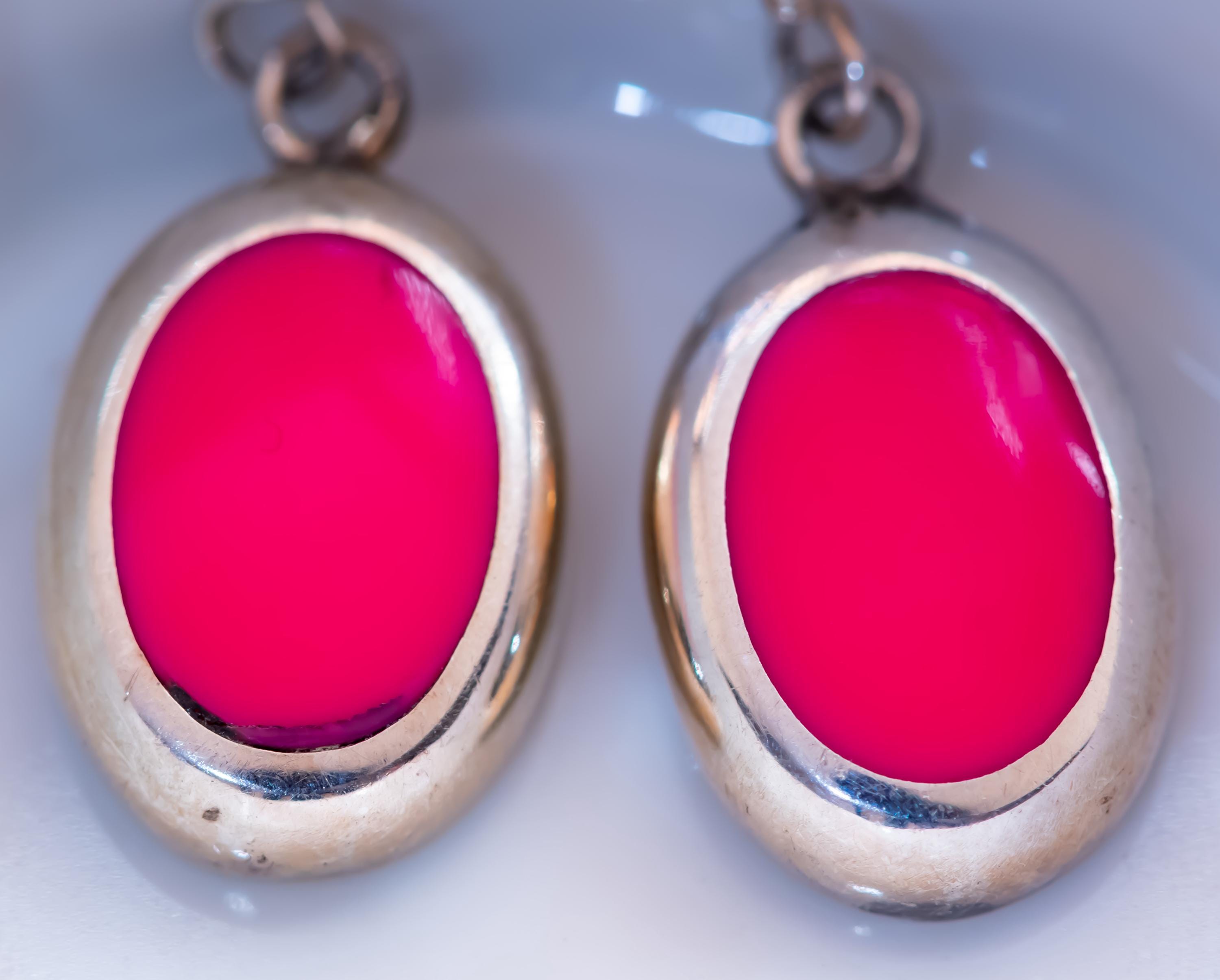 Sterling Silver Pink Onyx Drop Earrings. Oval 925 Silver Wire Dangles & Porcelain Pot.