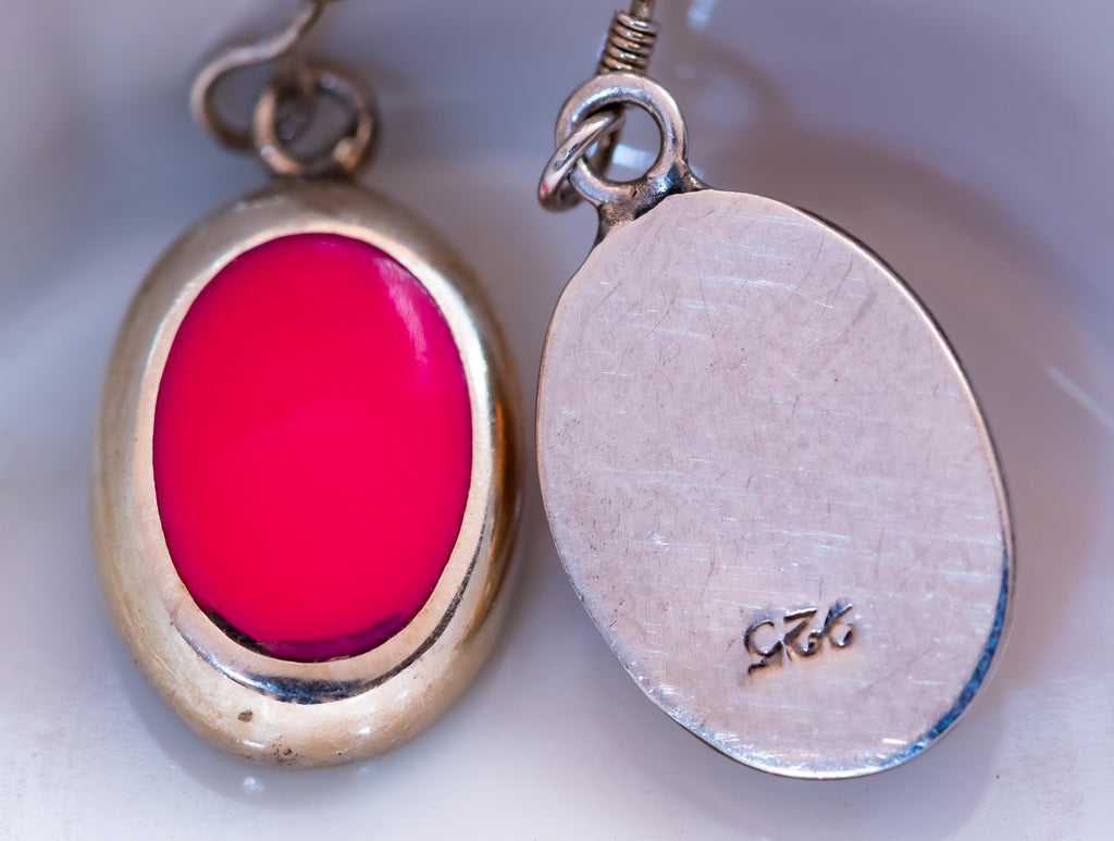 Sterling Silver Pink Onyx Drop Earrings. Oval 925 Silver Wire Dangles & Porcelain Pot.