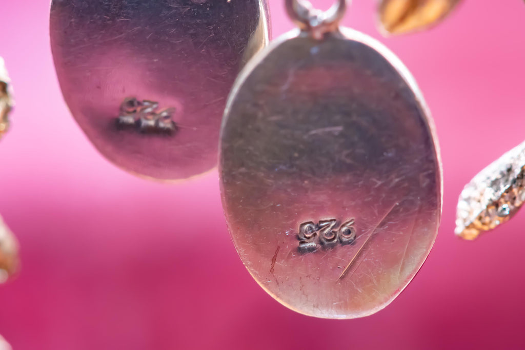 Sterling Silver Pink Onyx Drop Earrings. Oval 925 Silver Wire Dangles & Porcelain Pot.