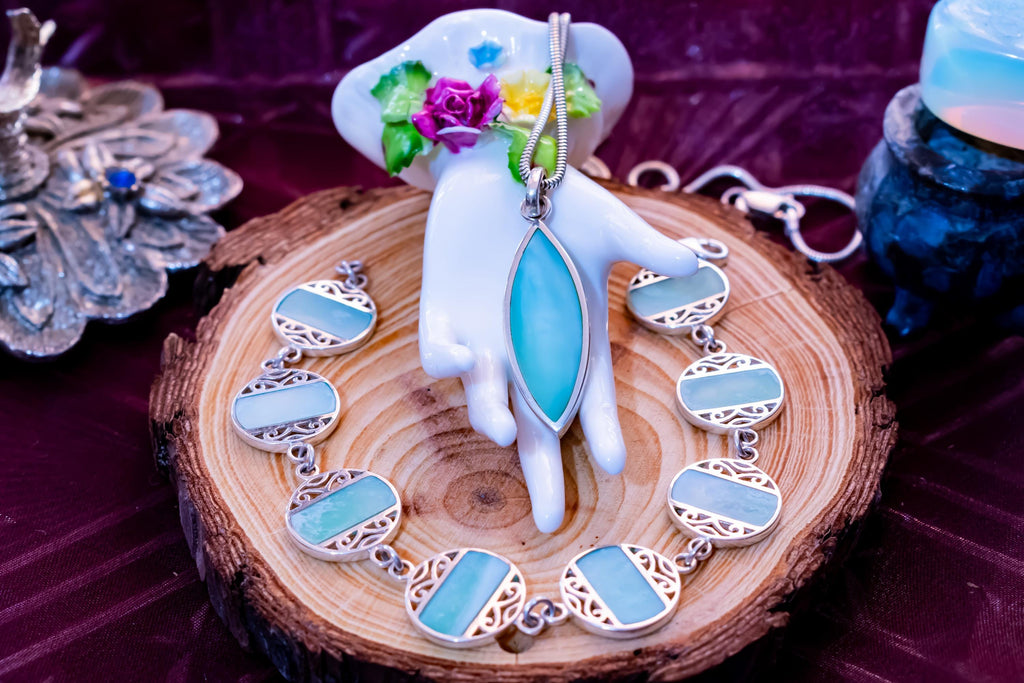 Sterling Silver Larimar Necklace Bracelet Set, Italian Ocean Blue Coastal Jewelry