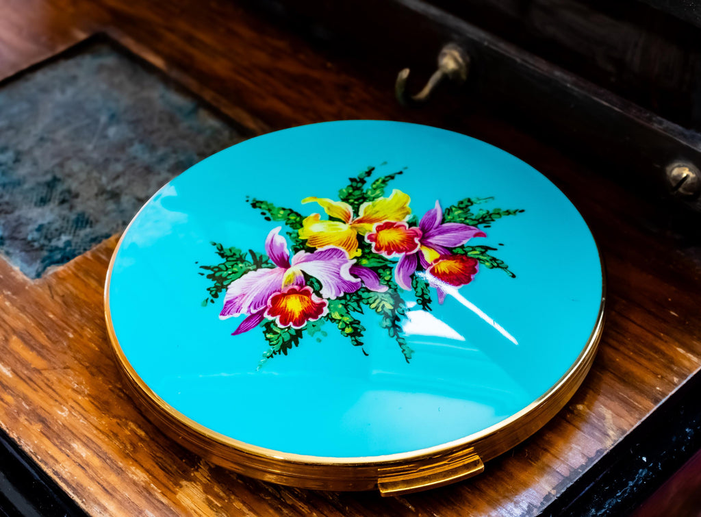 Vintage Stratton Powder Compact. Aqua Orchid Botanical Enamel, New Old Stock Vanity Relic, Shadow and Silver.