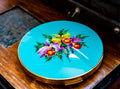 Vintage Stratton Powder Compact. Aqua Orchid Botanical Enamel, New Old Stock Vanity Relic, Shadow and Silver.