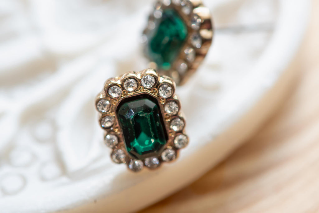 Green Earring Set, Emerald Tone Stud Earrings Mixed Vintage Costume Collection, Sea Witch Relics
