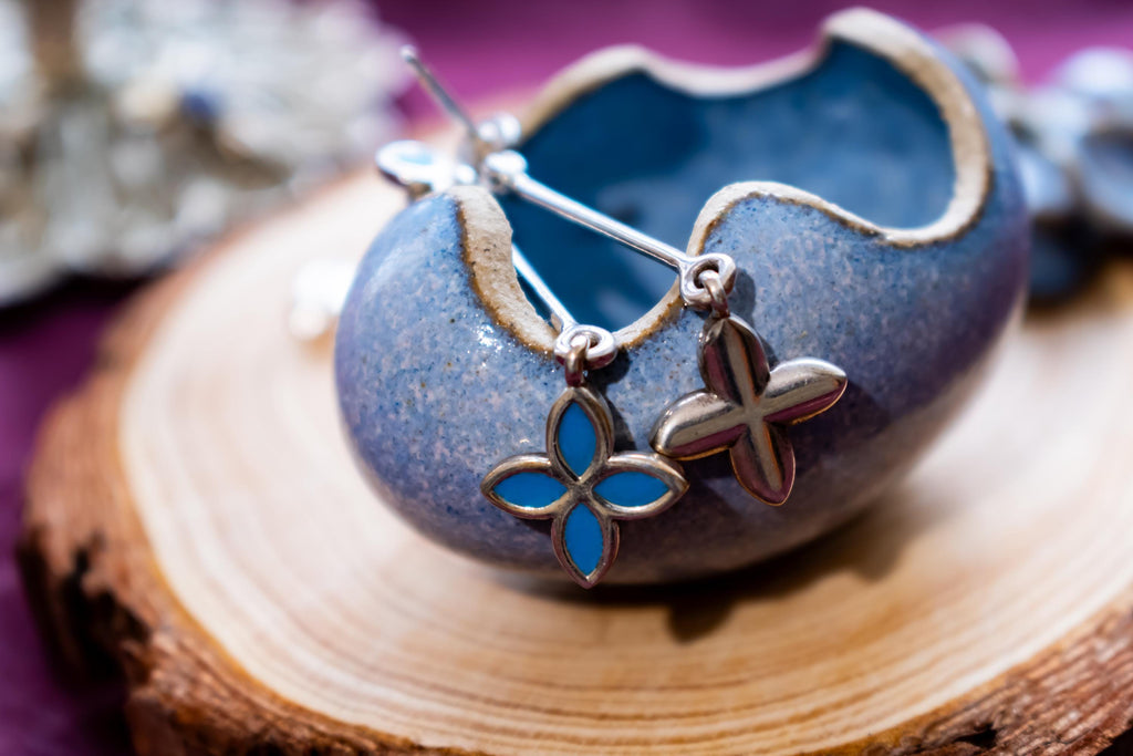 Sterling Silver Blue Floral Drop Earrings With Porcelain Trinket Pot, Coastal Summer Jewelry Set