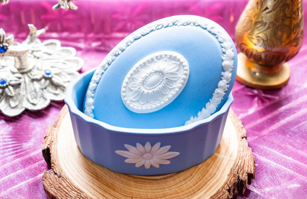 Vintage Wedgwood Blue Jasperware Trinket Pot. Made in England, Blue and White Keepsake Dish.