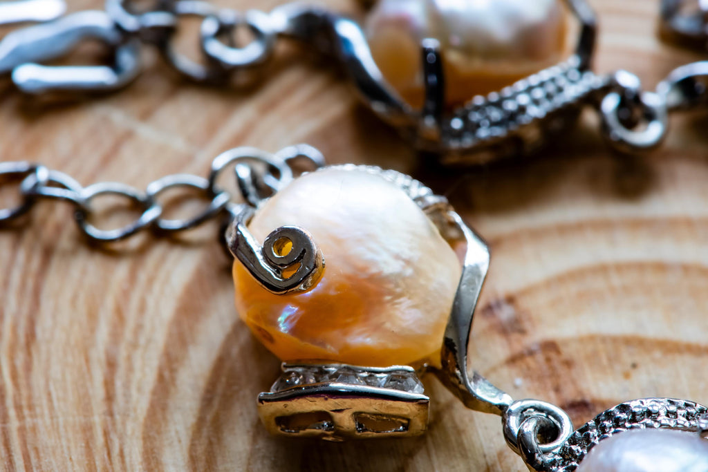 925 Silver Caged Pearl Bracelet: Peach Baroque, Dark Coastal, Sea Witch Relic