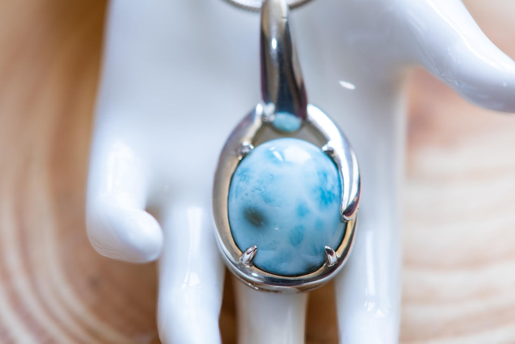 Genuine Larimar Oval Pendant, 925 Sterling Silver, Caribbean Blue Stone, Coastal Jewelry