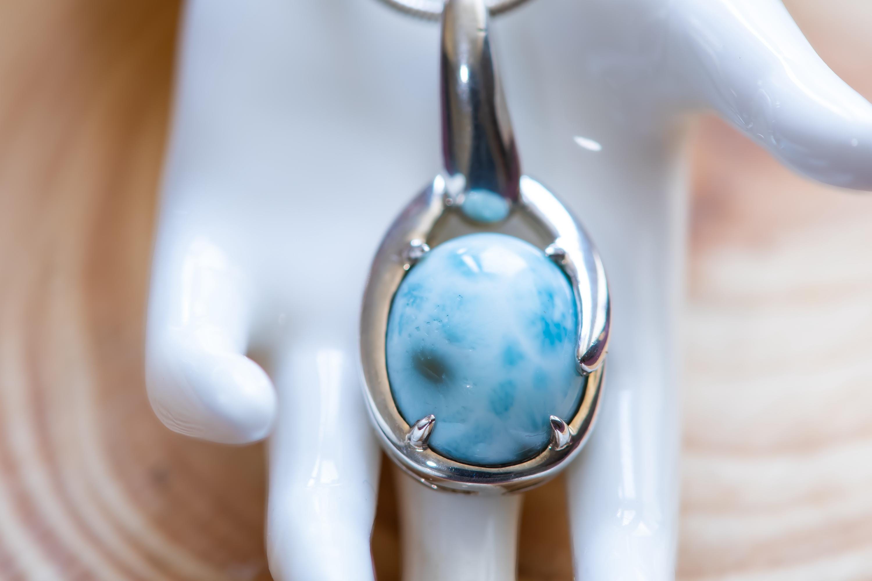 Genuine Larimar Oval Pendant, 925 Sterling Silver, Caribbean Blue Stone, Coastal Jewelry