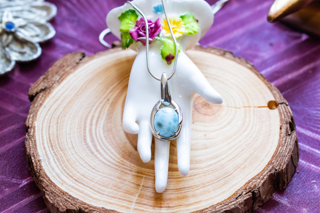Genuine Larimar Oval Pendant, 925 Sterling Silver, Caribbean Blue Stone, Coastal Jewelry