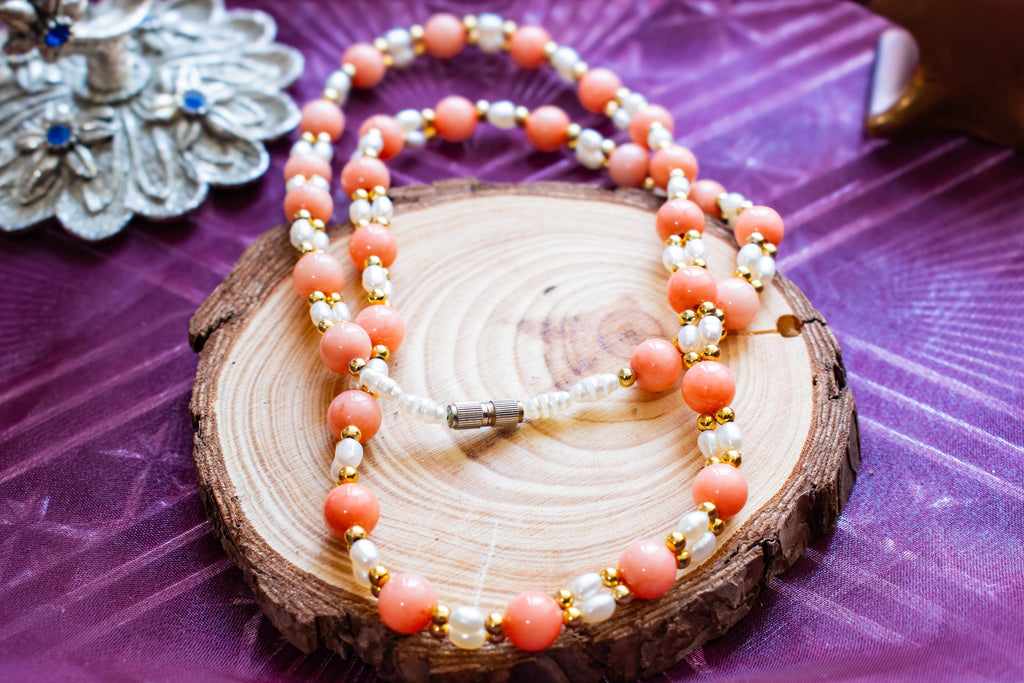 Peach Coral Pearl Choker Necklace: Coastal Boho Gemstone Jewelry