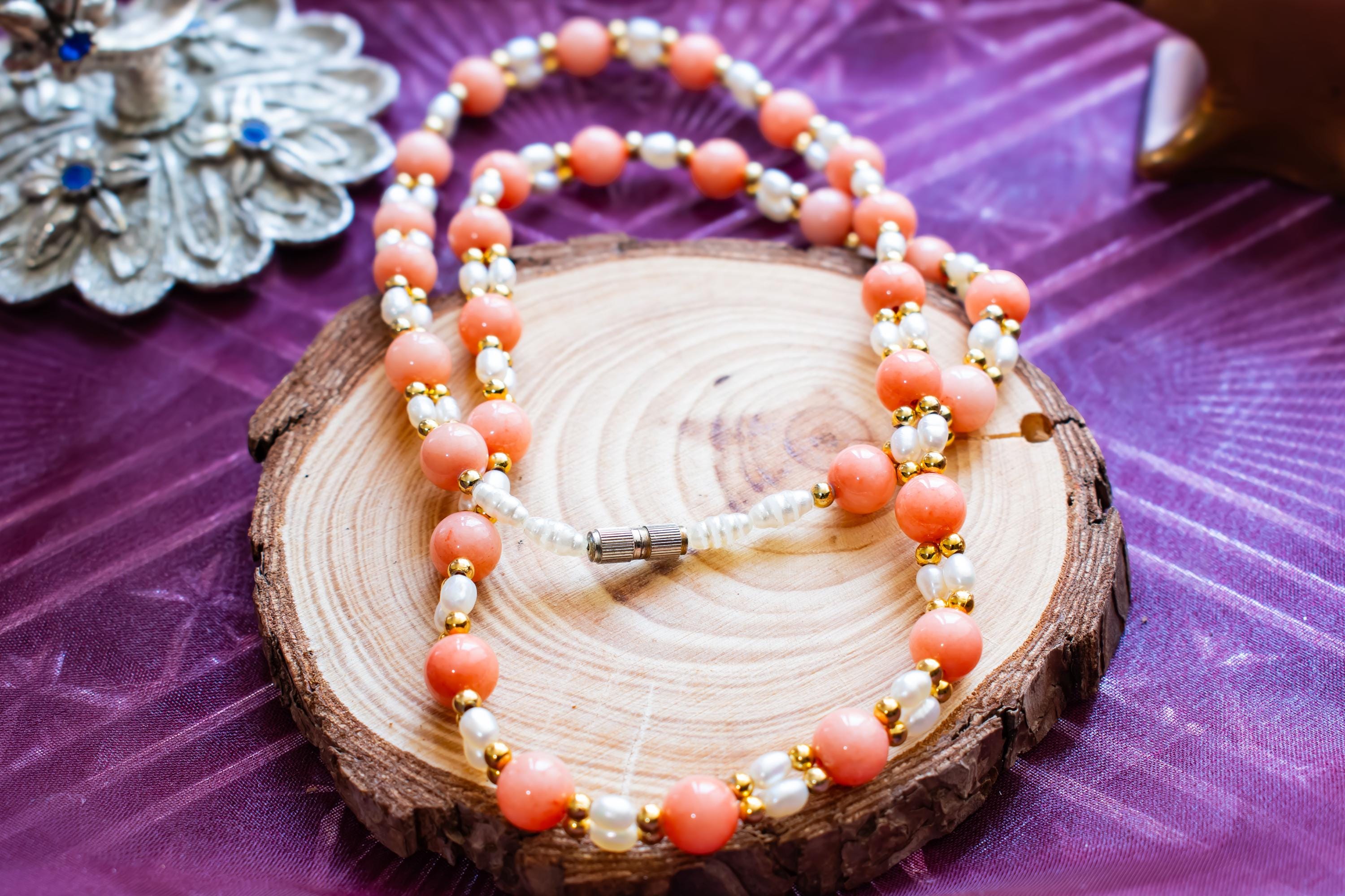 Peach Coral Pearl Choker Necklace: Coastal Boho Gemstone Jewelry