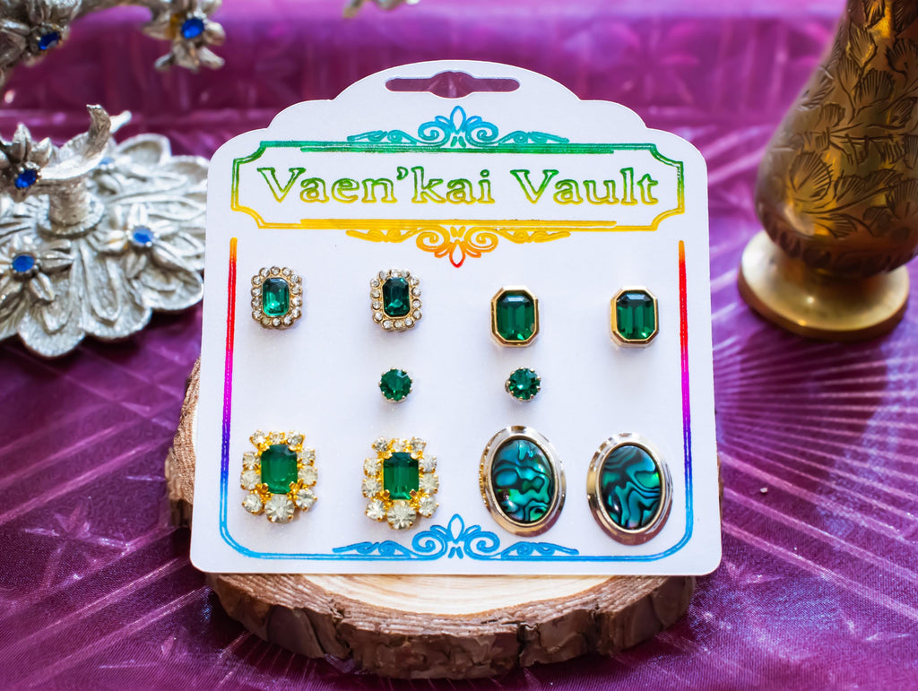 Green Earring Set, Emerald Tone Stud Earrings Mixed Vintage Costume Collection, Sea Witch Relics