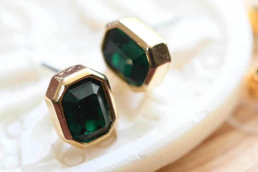 Green Earring Set, Emerald Tone Stud Earrings Mixed Vintage Costume Collection, Sea Witch Relics