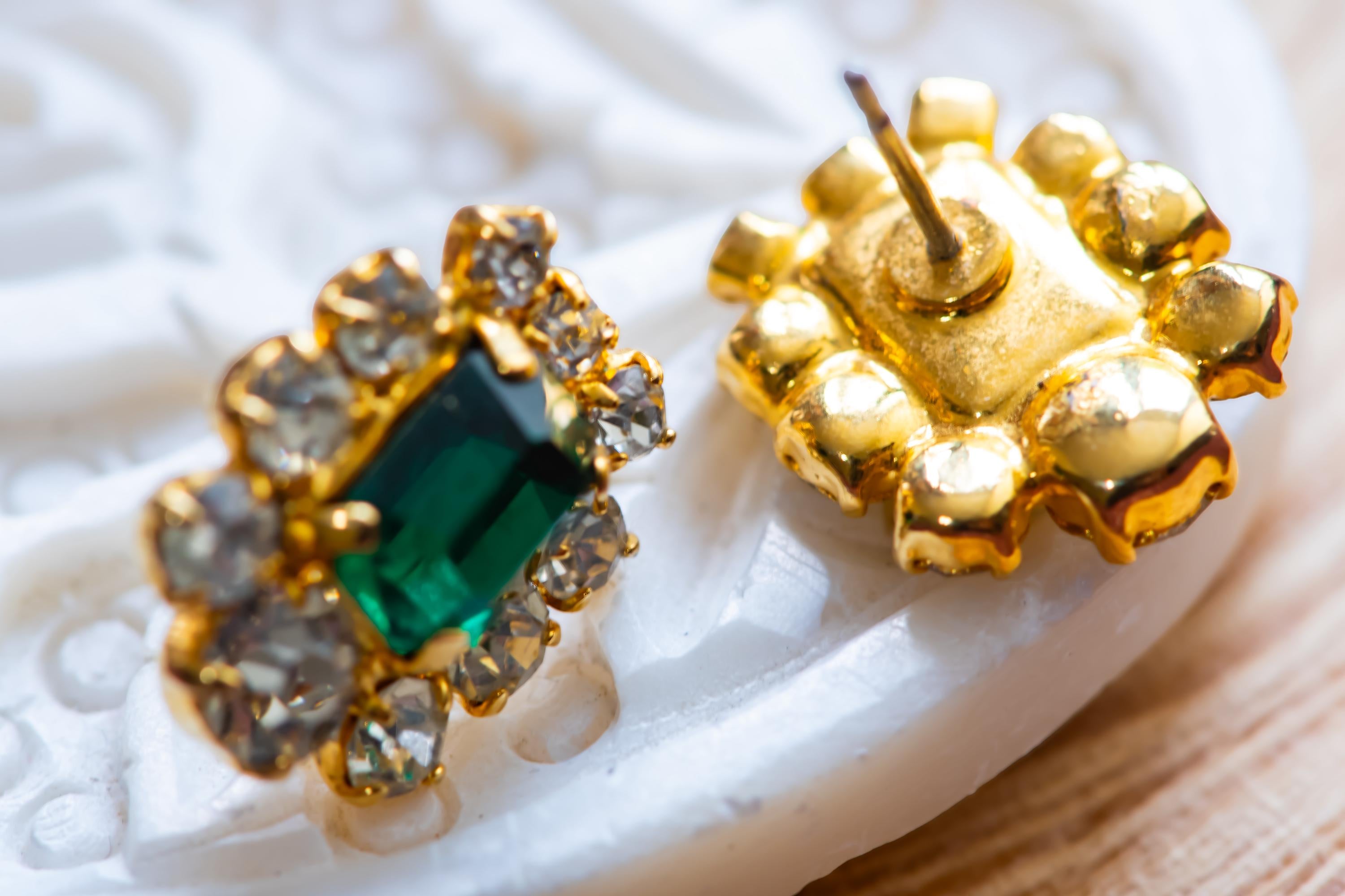 Green Earring Set, Emerald Tone Stud Earrings Mixed Vintage Costume Collection, Sea Witch Relics
