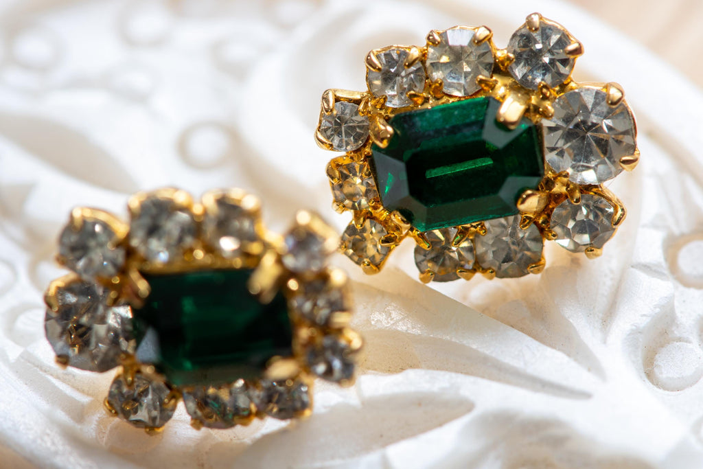 Green Earring Set, Emerald Tone Stud Earrings Mixed Vintage Costume Collection, Sea Witch Relics
