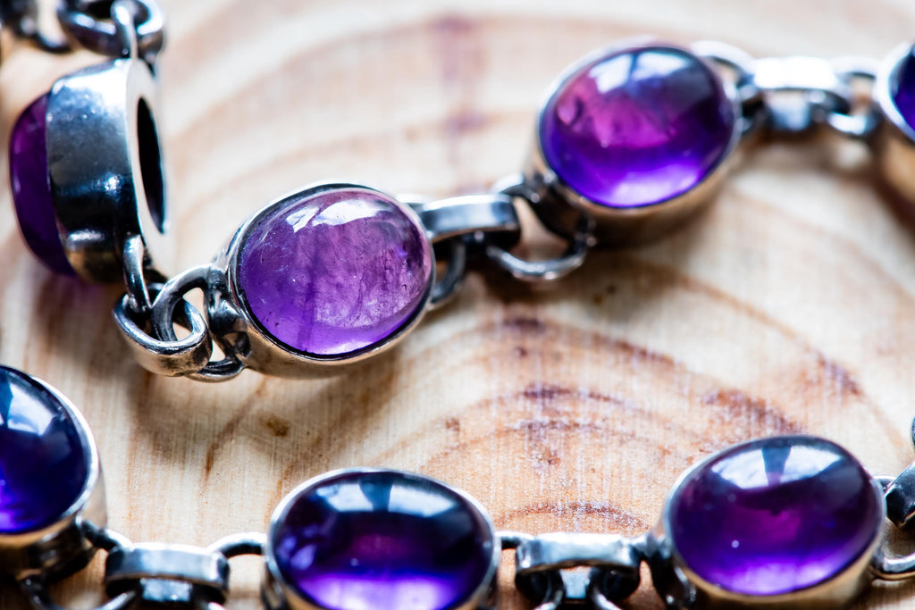 Vintage Sterling Silver Amethyst Bracelet, Purple Cabochon Gemstone, Witchy Jewelry