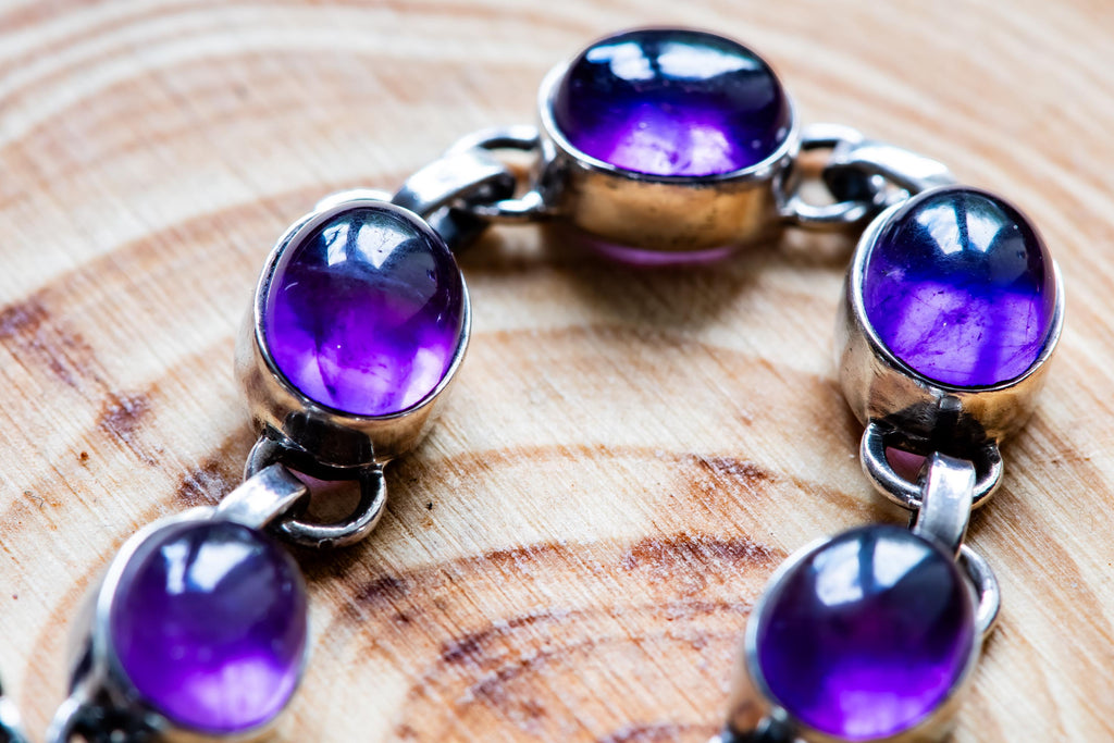Vintage Sterling Silver Amethyst Bracelet, Purple Cabochon Gemstone, Witchy Jewelry