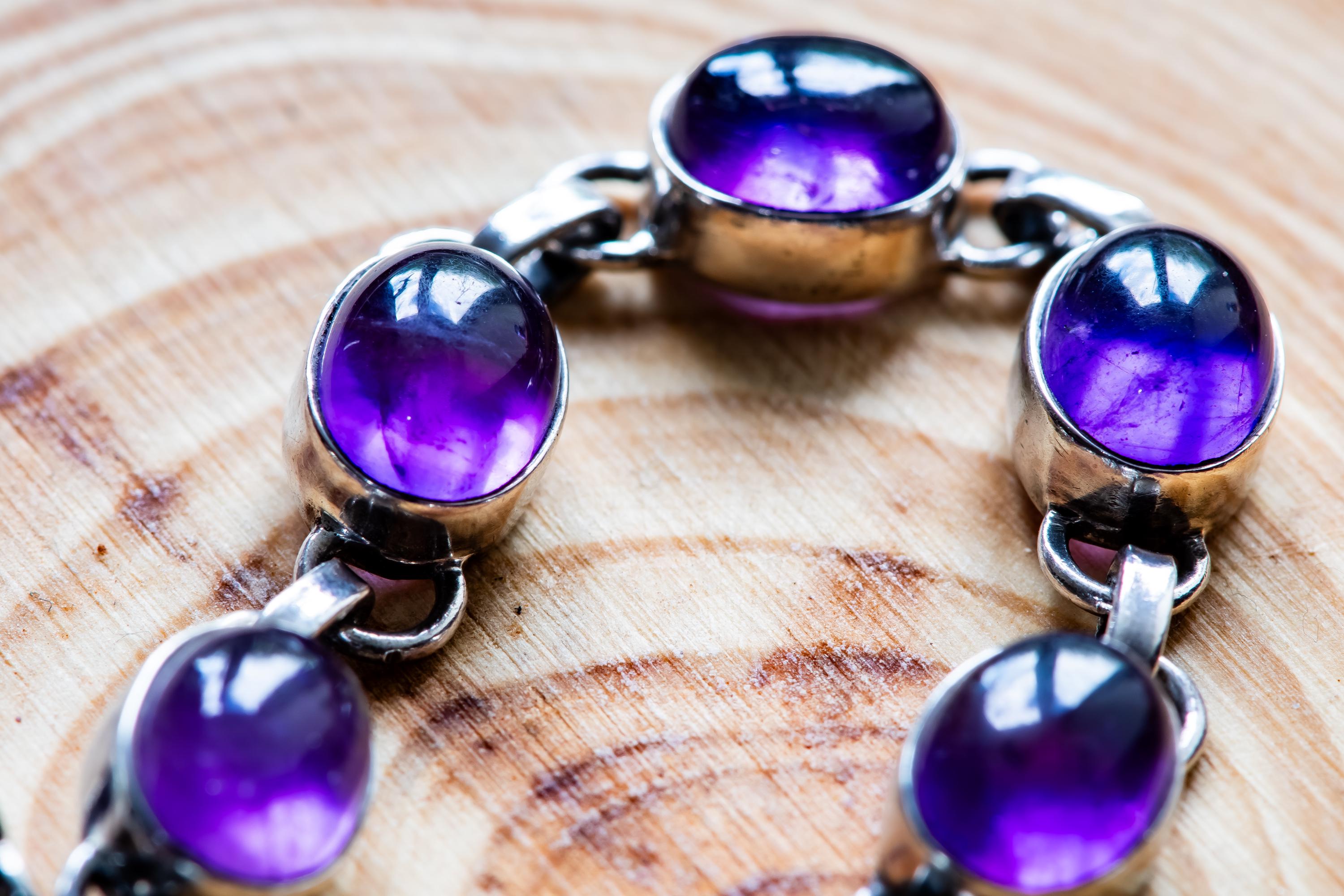 Vintage Sterling Silver Amethyst Bracelet, Purple Cabochon Gemstone, Witchy Jewelry