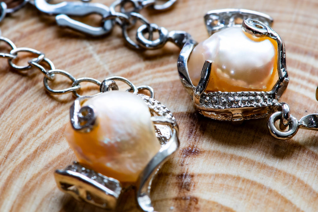 925 Silver Caged Pearl Bracelet: Peach Baroque, Dark Coastal, Sea Witch Relic