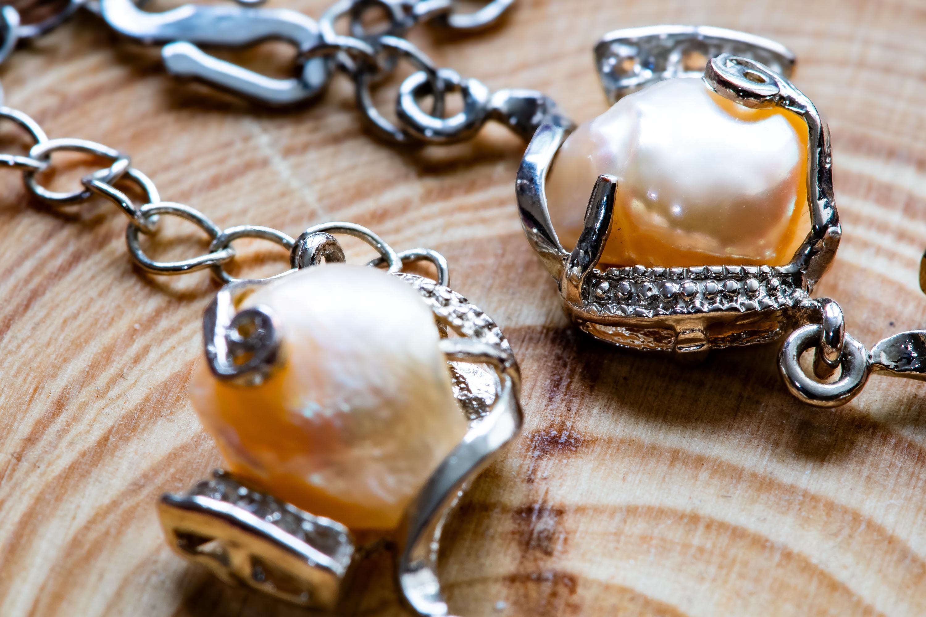 925 Silver Caged Pearl Bracelet: Peach Baroque, Dark Coastal, Sea Witch Relic