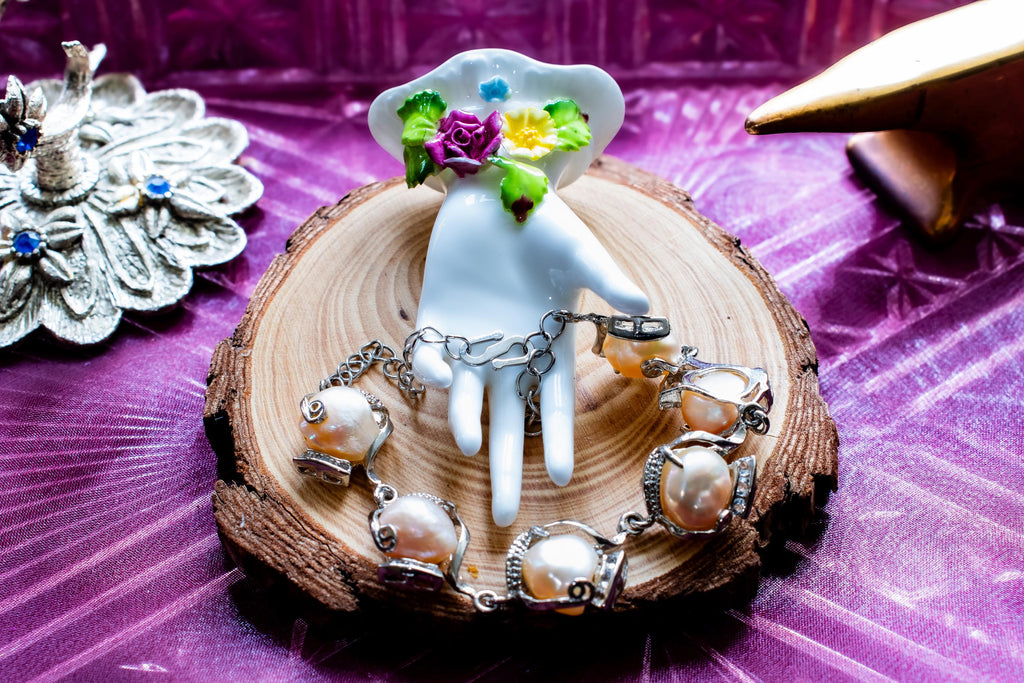 925 Silver Caged Pearl Bracelet: Peach Baroque, Dark Coastal, Sea Witch Relic