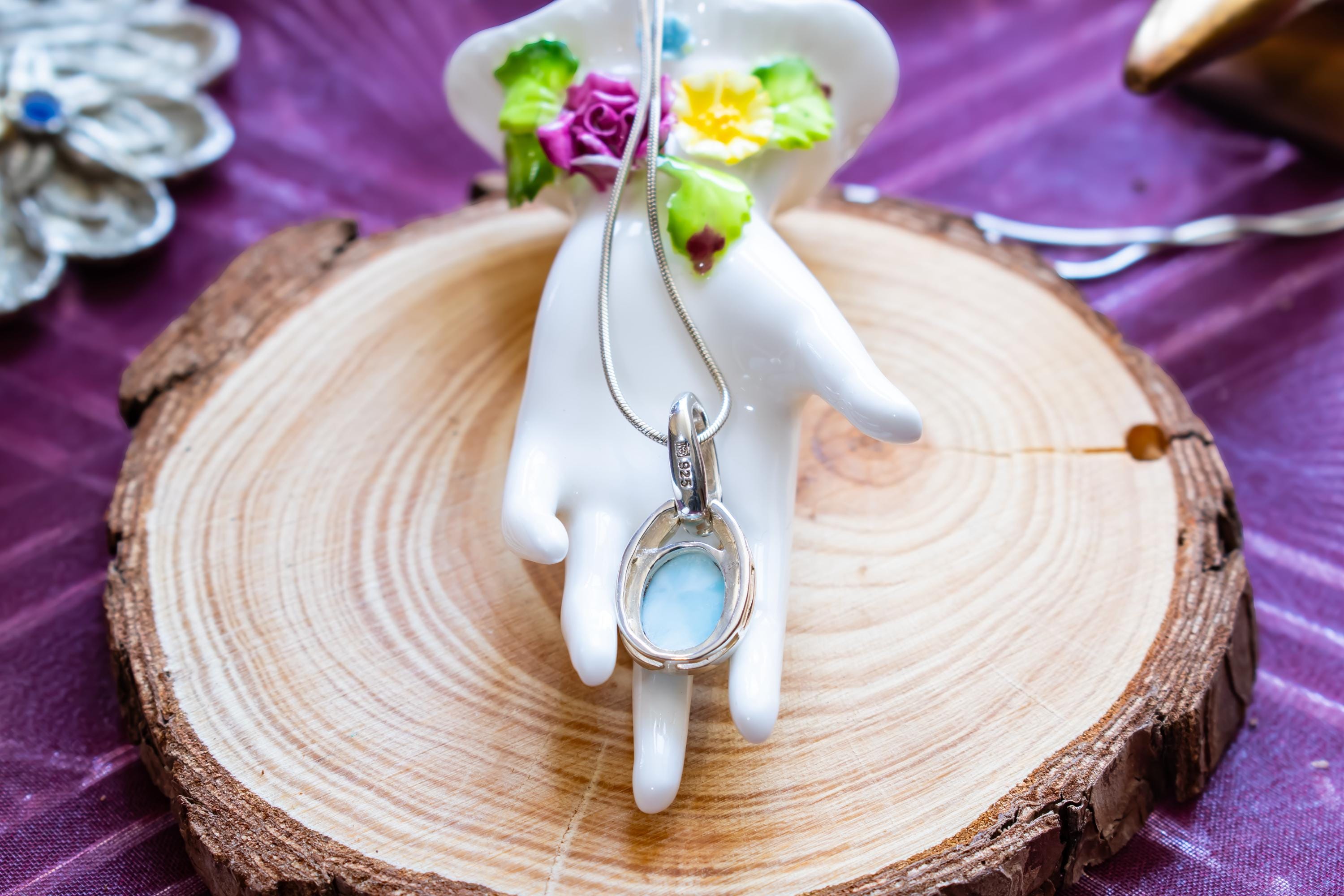 Genuine Larimar Oval Pendant, 925 Sterling Silver, Caribbean Blue Stone, Coastal Jewelry