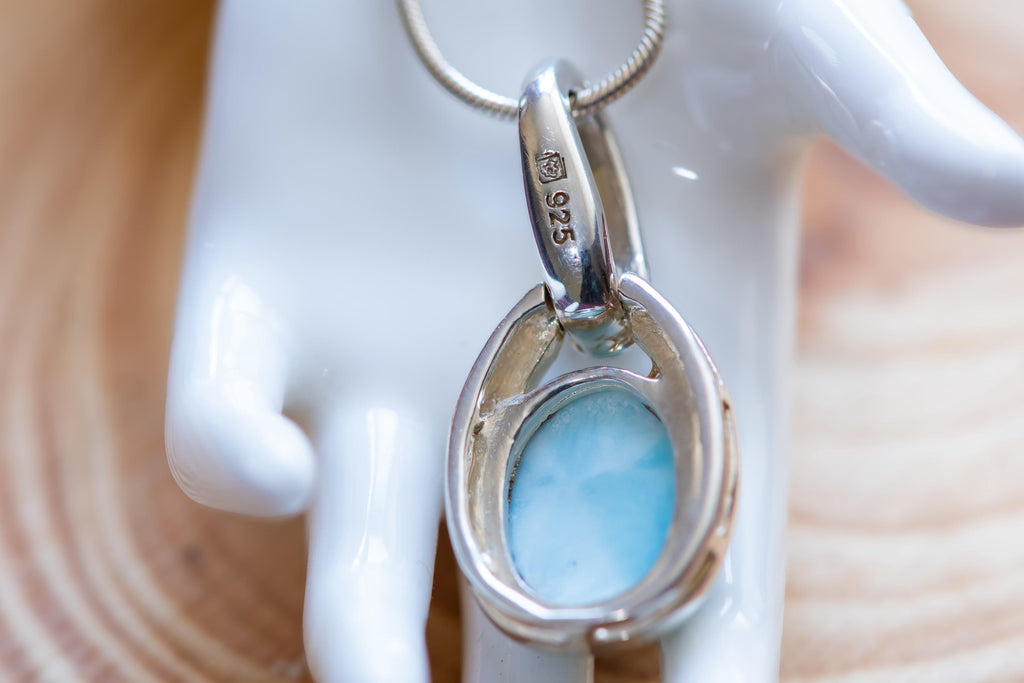 Genuine Larimar Oval Pendant, 925 Sterling Silver, Caribbean Blue Stone, Coastal Jewelry