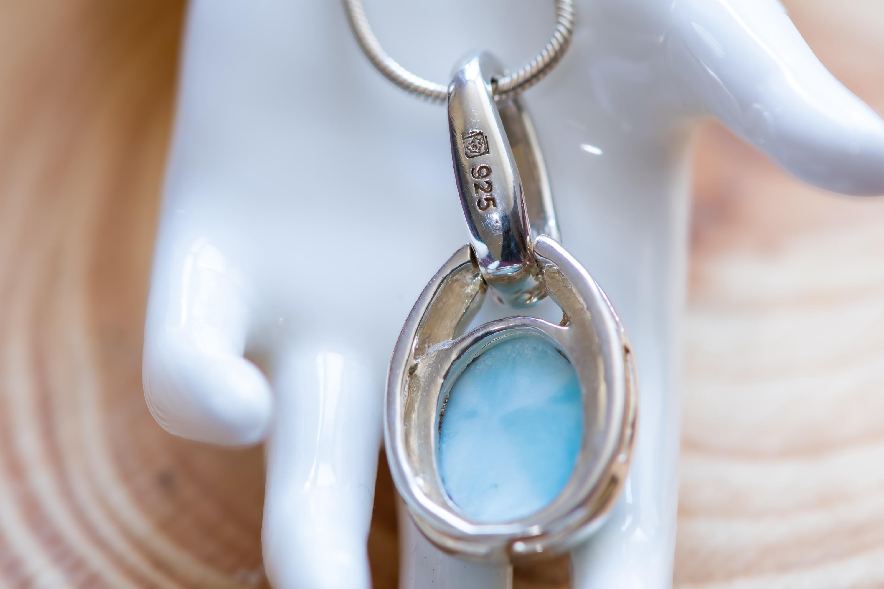 Genuine Larimar Oval Pendant, 925 Sterling Silver, Caribbean Blue Stone, Coastal Jewelry