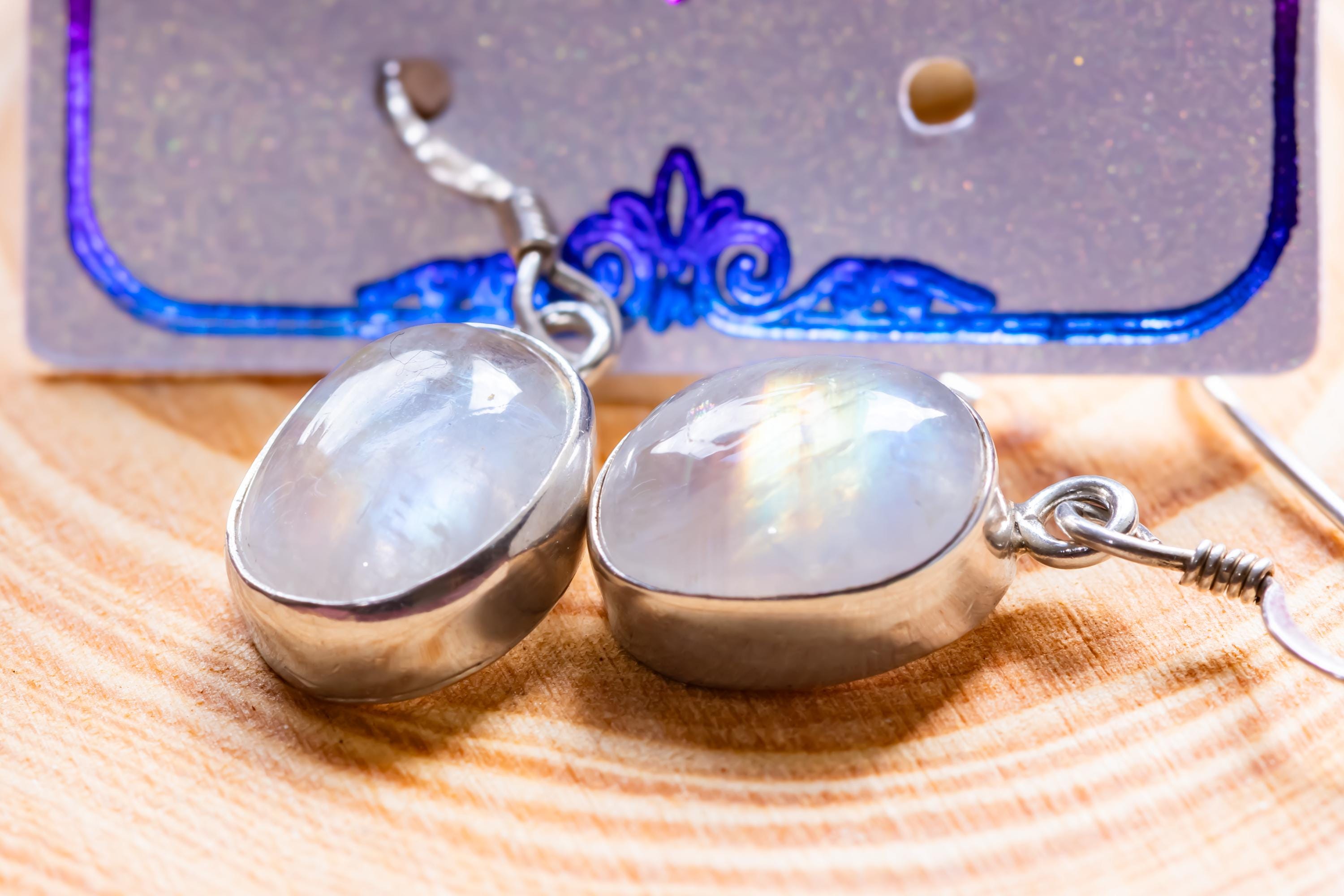 Oval Moonstone Drop Earrings, Sterling Silver Coastal Boho Dangle Jewelry