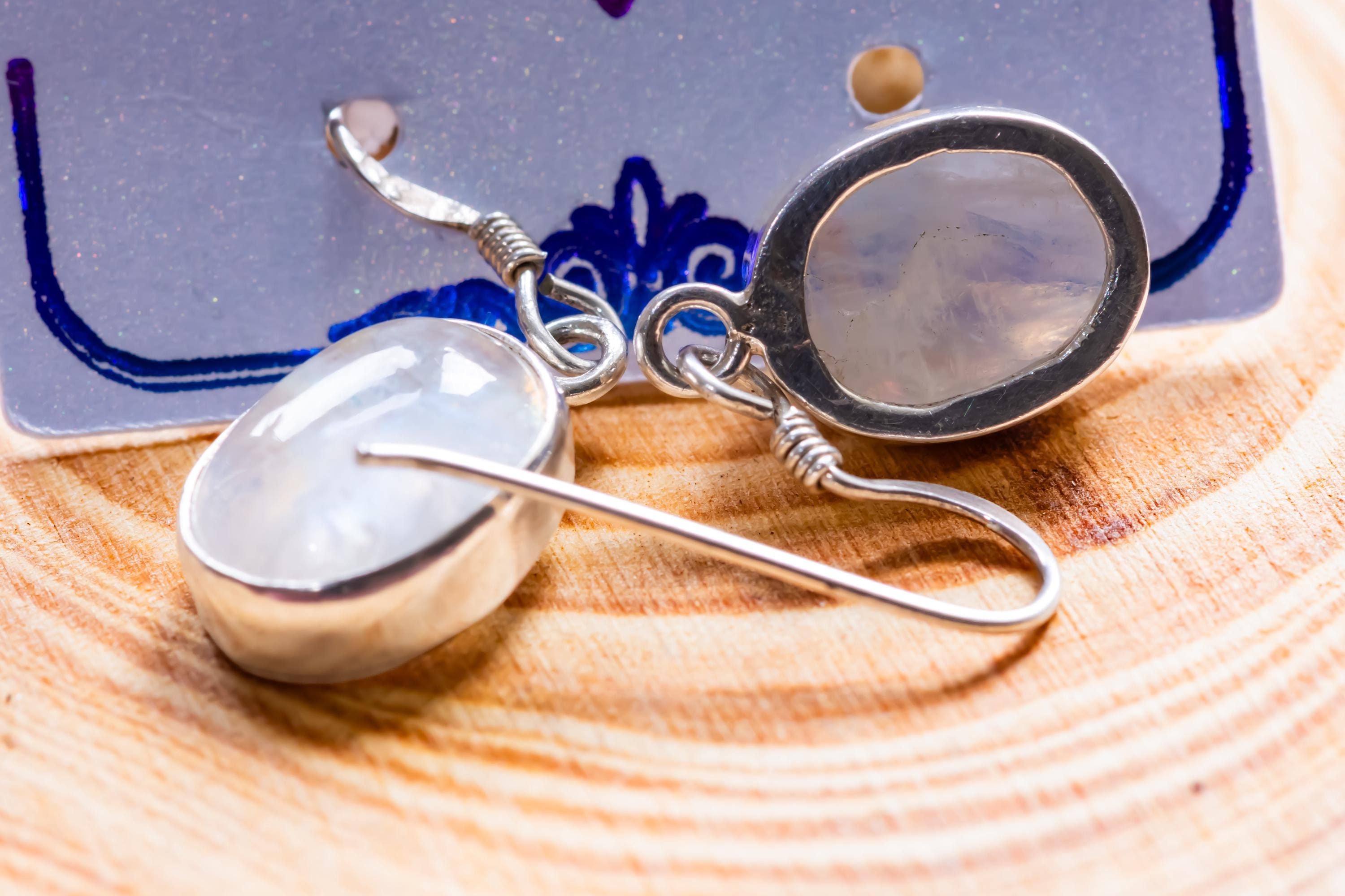 Oval Moonstone Drop Earrings, Sterling Silver Coastal Boho Dangle Jewelry