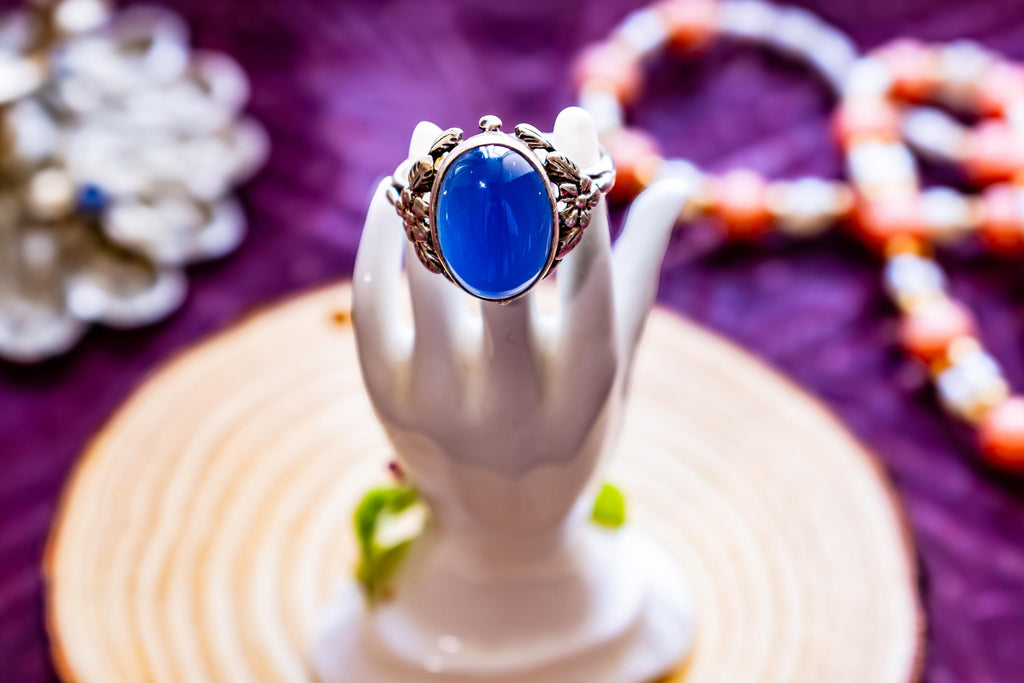 Vintage Sterling Silver Chalcedony Ring, Blue Cabochon Sea Witch Statement Ring
