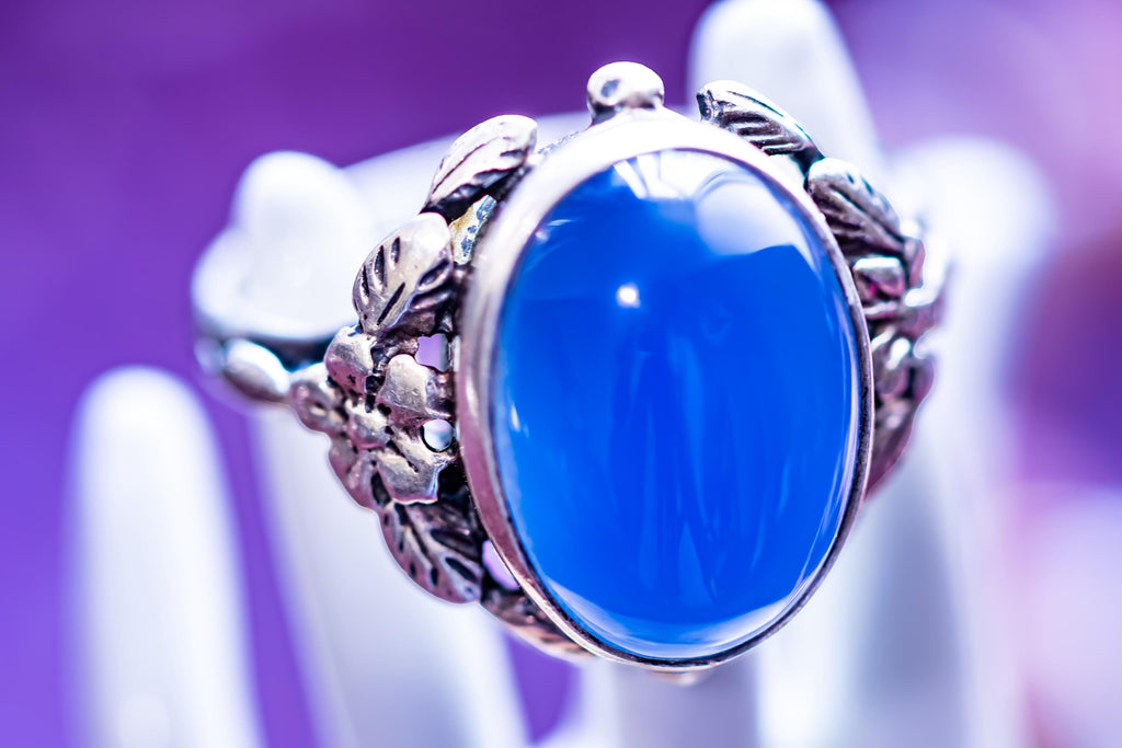 Vintage Sterling Silver Chalcedony Ring, Blue Cabochon Sea Witch Statement Ring