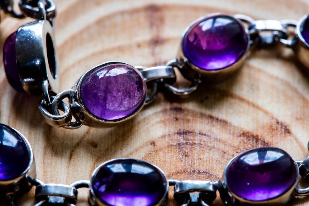 Vintage Sterling Silver Amethyst Bracelet, Purple Cabochon Gemstone, Witchy Jewelry