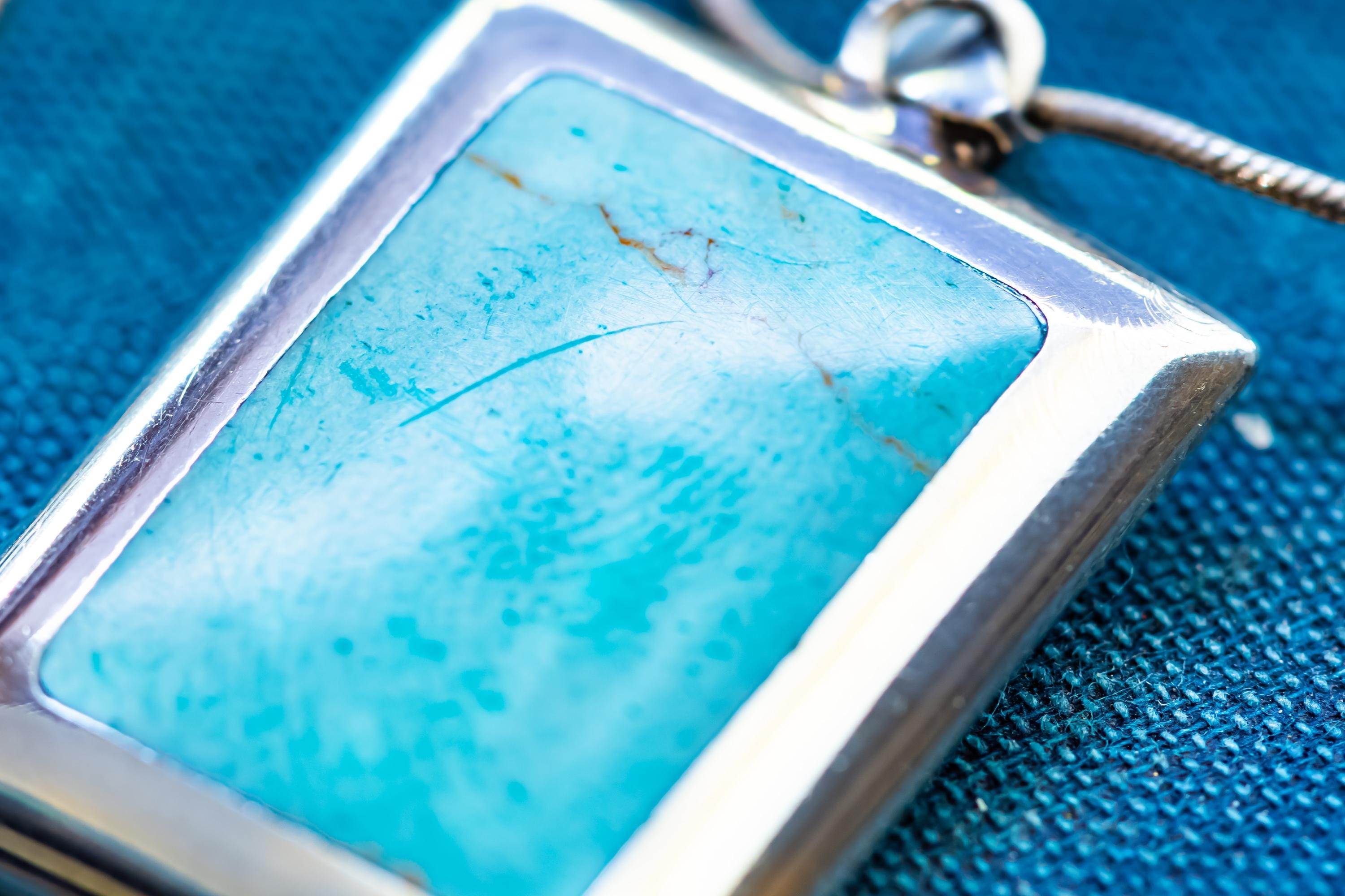 Vintage 925 Sterling Silver Turquoise Necklace, Geometric Seafoam Pendant, Snake Chain