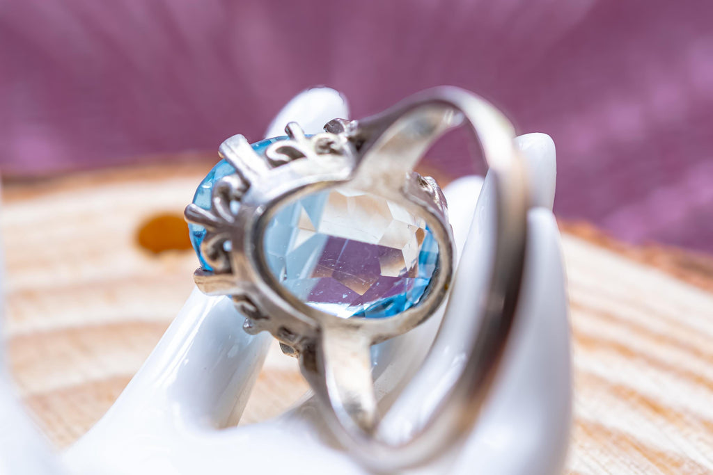 Vintage Sky Blue Topaz Statement Ring, Ornate Silver Crown Setting, Chunky Oval Gemstone