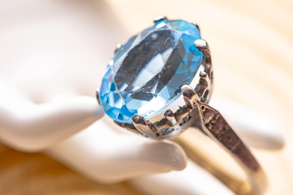 Vintage Sky Blue Topaz Statement Ring, Ornate Silver Crown Setting, Chunky Oval Gemstone