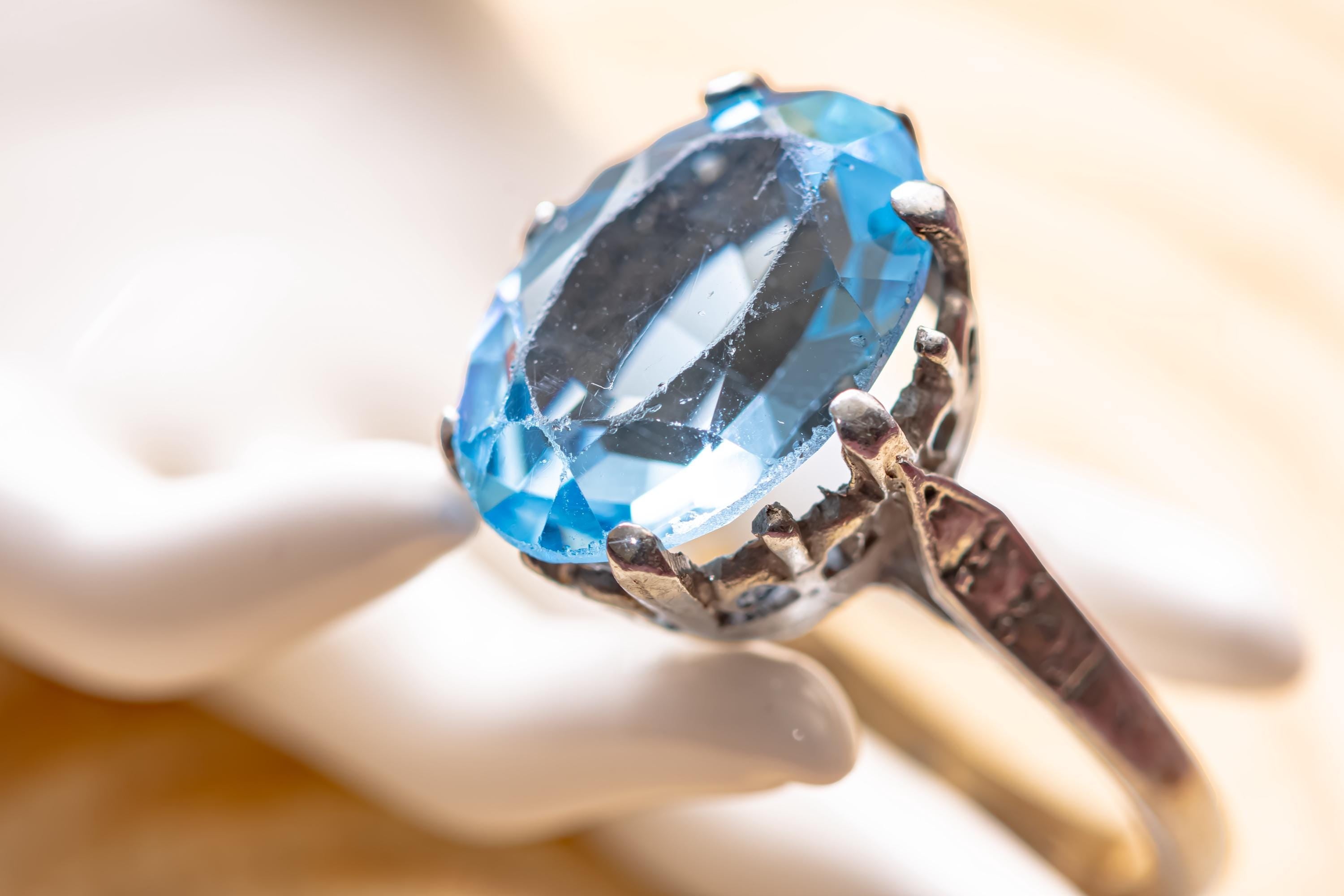 Vintage Sky Blue Topaz Statement Ring, Ornate Silver Crown Setting, Chunky Oval Gemstone