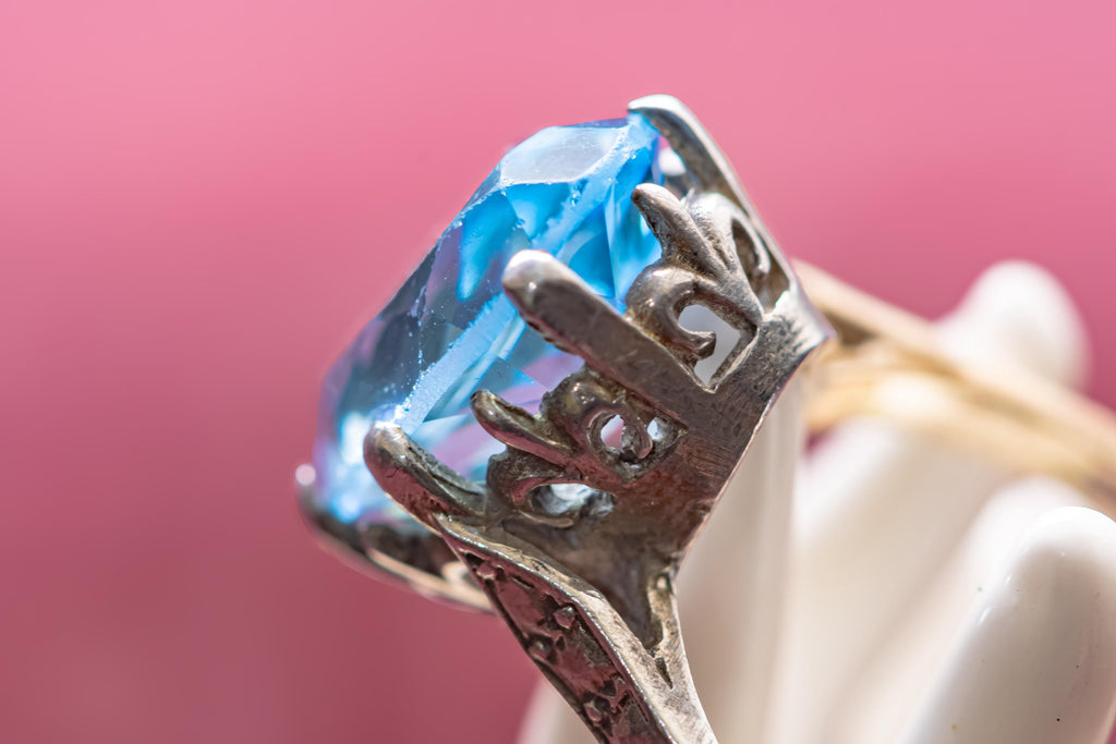 Vintage Sky Blue Topaz Statement Ring, Ornate Silver Crown Setting, Chunky Oval Gemstone